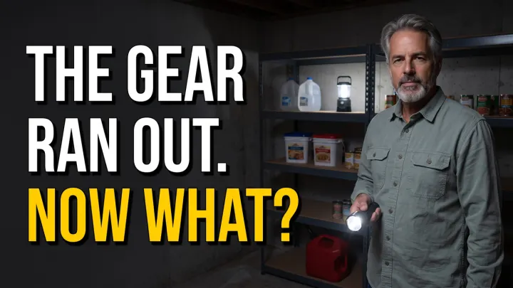 A man in a dark storage room holding a flashlight